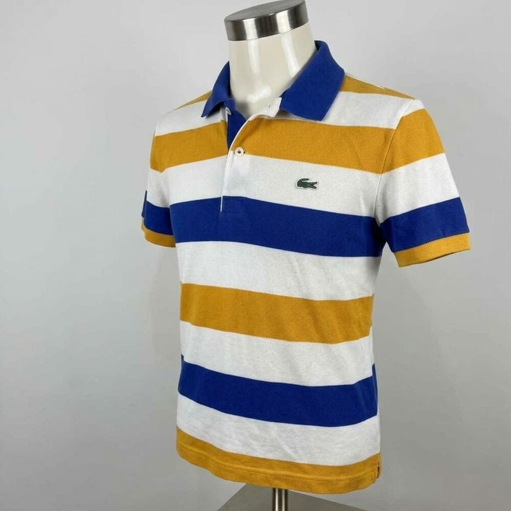 Lacoste Striped Pique Polo Shirt Men Size 4 M Yellow Blue